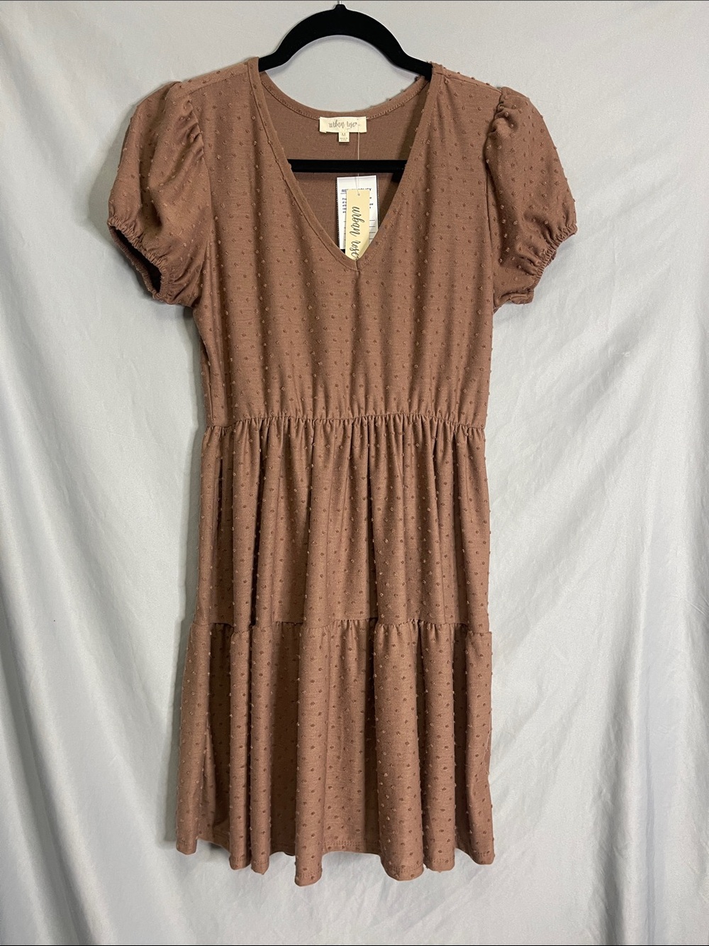 Urban Rose Mocha Swiss Dot Tiered Midi Dress - V-Neck Puff Sleeve